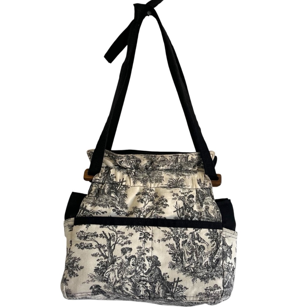Toile Black and Cream Tote Bag with adjustable tie handle and lots of pockets
